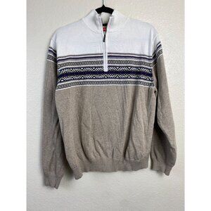 Izod Fair Isle Nordic Sweater Mens size L‎ Quarter Zip Winter Knit White Brown